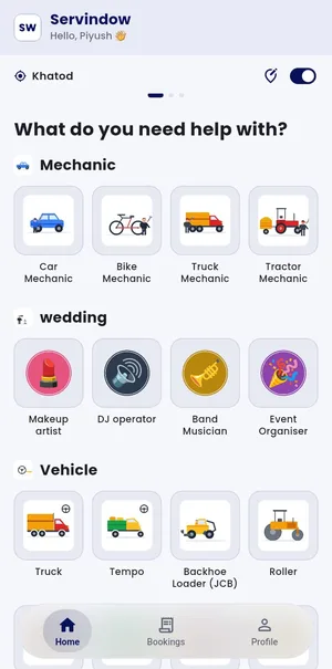 Servindow app home: mechanic, wedding and vehicle on rent services